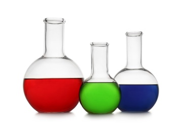 Photo of Chemistry glassware with color samples isolated on white