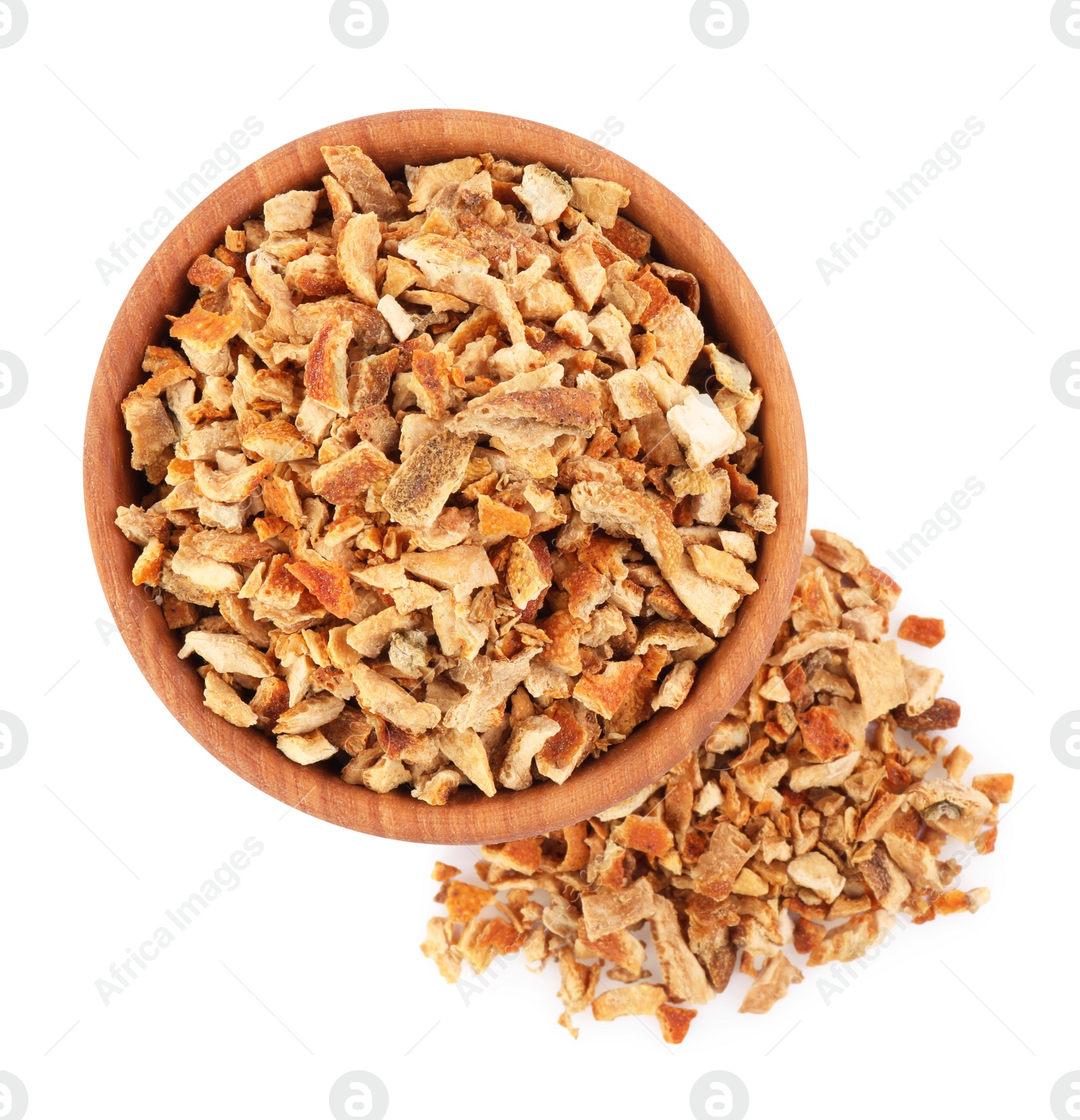 Photo of Bowl of dried orange zest seasoning isolated on white, top view