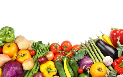 Photo of Many fresh ripe vegetables on white background, top view. Space for text