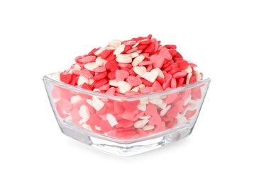 Bright heart shaped sprinkles in glass bowl isolated on white