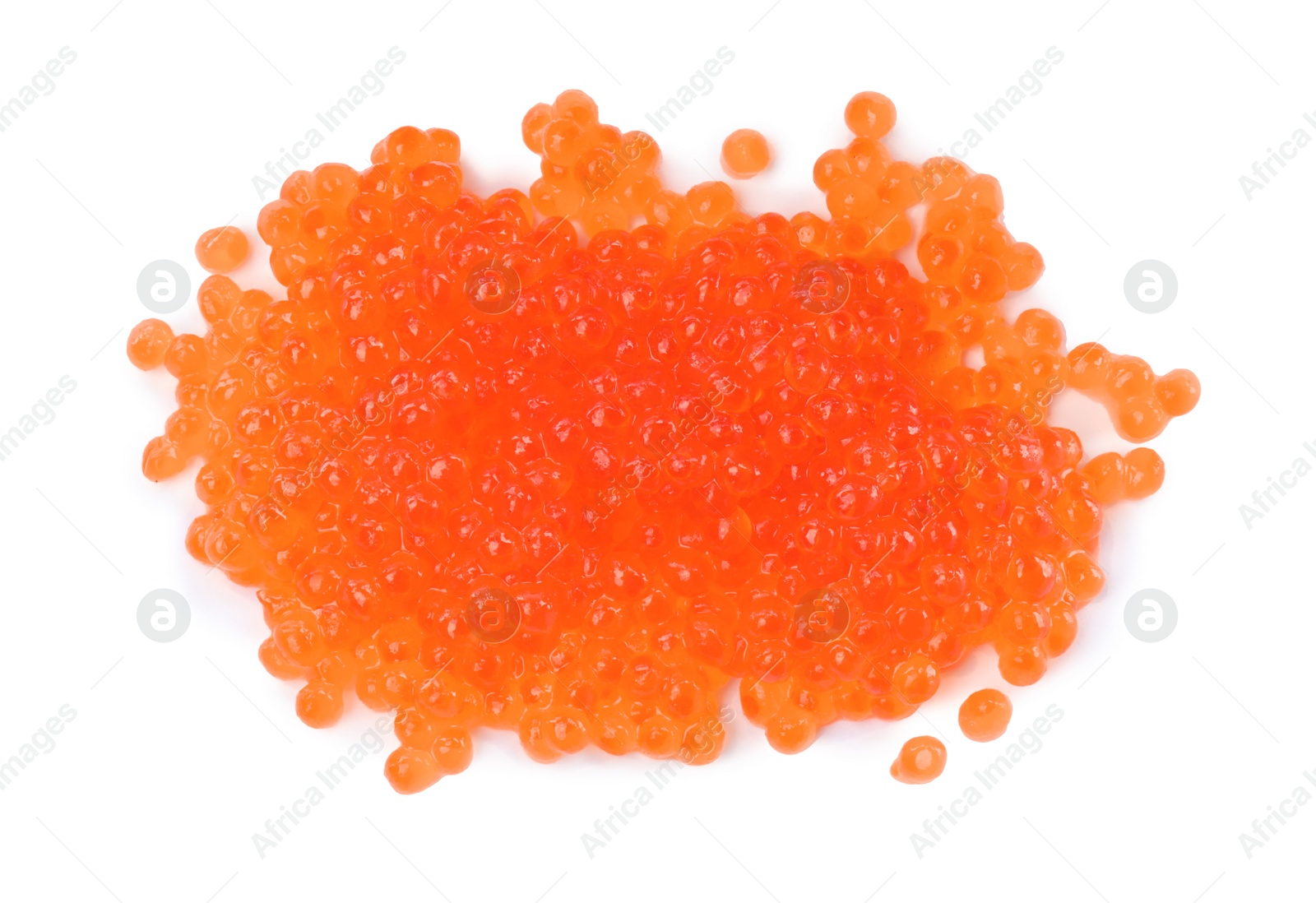 Photo of Pile of delicious red caviar isolated on white, top view