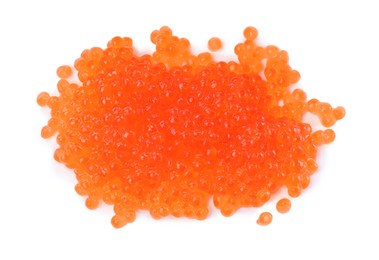 Photo of Pile of delicious red caviar isolated on white, top view