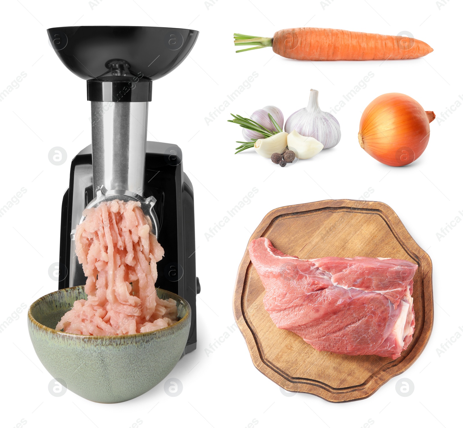 Image of Electric meat grinder with mince chicken and different products isolated on white, set