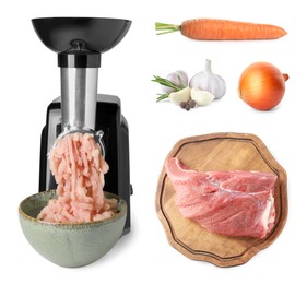 Image of Electric meat grinder with mince chicken and different products isolated on white, set