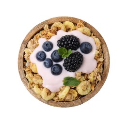 Photo of Tasty granola, yogurt and fresh berries in bowl on white background, top view. Healthy breakfast