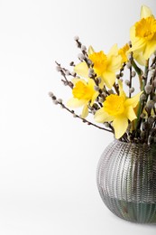 Photo of Bouquet of beautiful yellow daffodils and willow twigs in vase on white background, space for text
