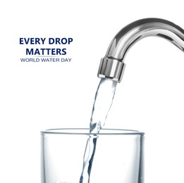 Image of Every drop matters. Filling glass with water from tap on white background