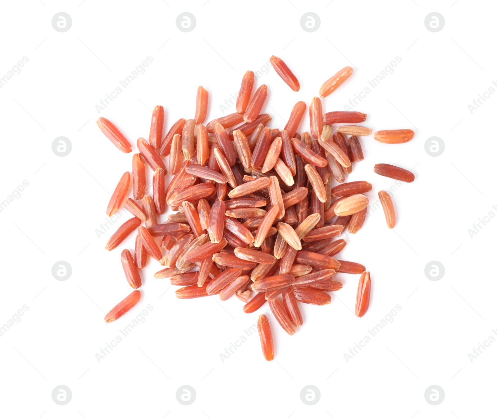 Photo of Uncooked brown rice isolated on white, top view