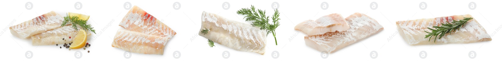 Image of Pieces of raw cod fish isolated on white, set