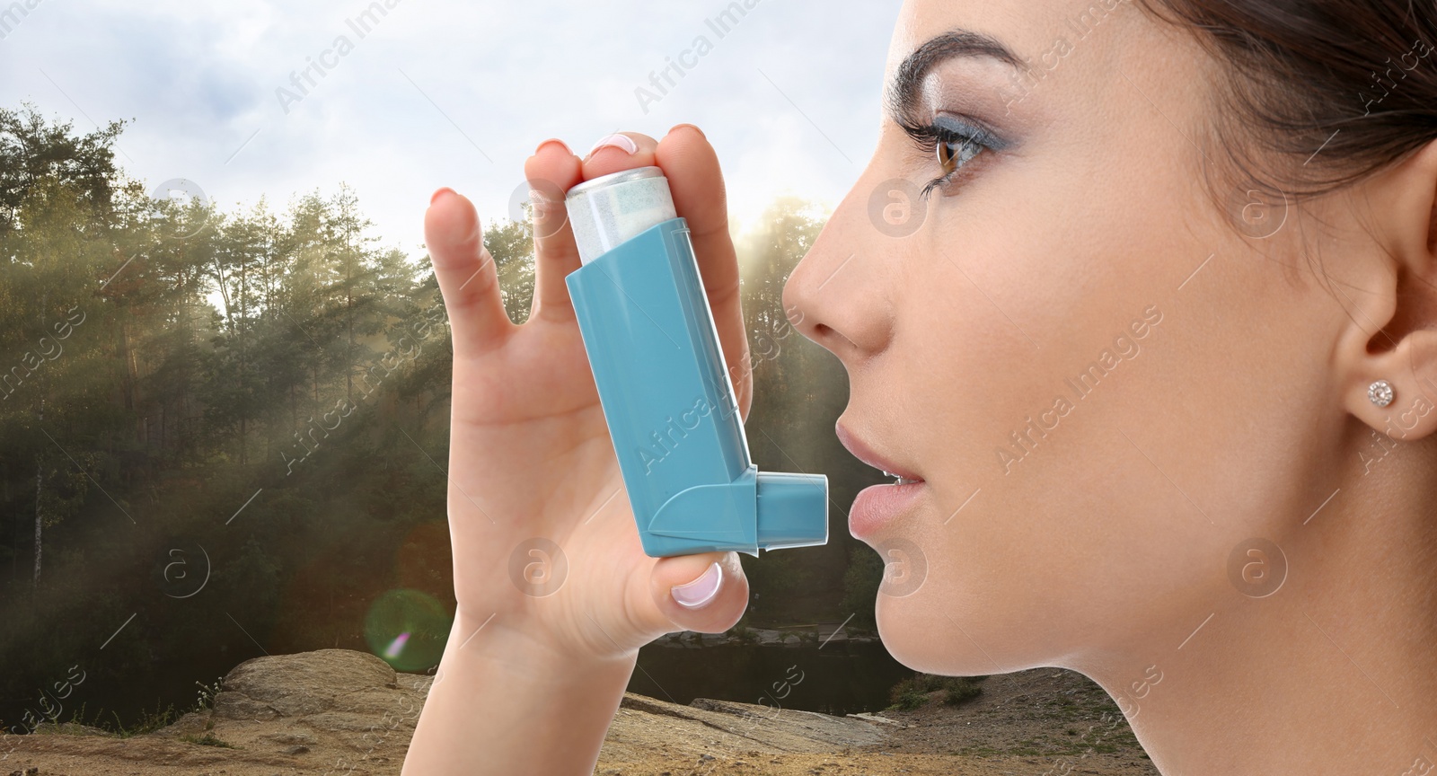 Image of Woman using asthma inhaler and sunny forest on background. First emergency medical aid