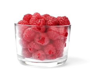 Bowl with ripe raspberries on white background