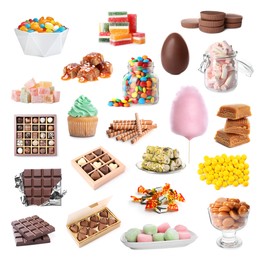 Collection of different delicious confectionery on white background