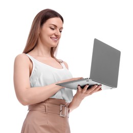 Beautiful happy businesswoman with laptop on white background, low angle view