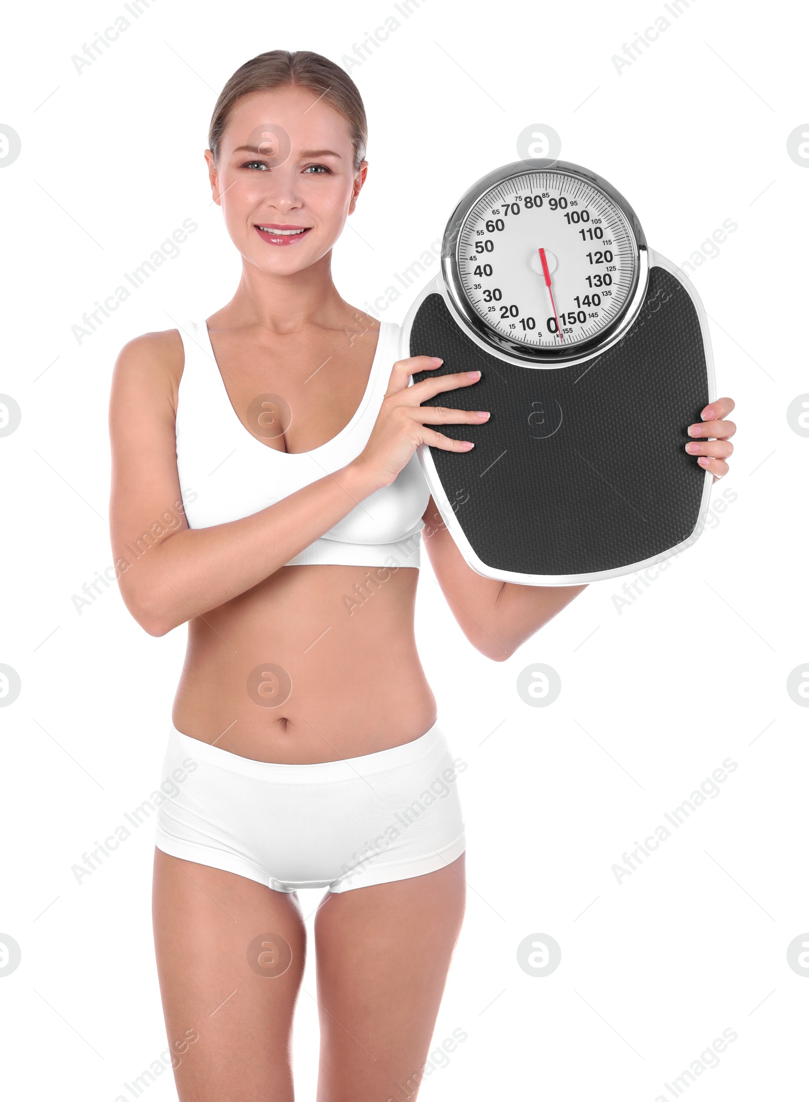 Photo of Slim woman with scale on white background. Healthy diet