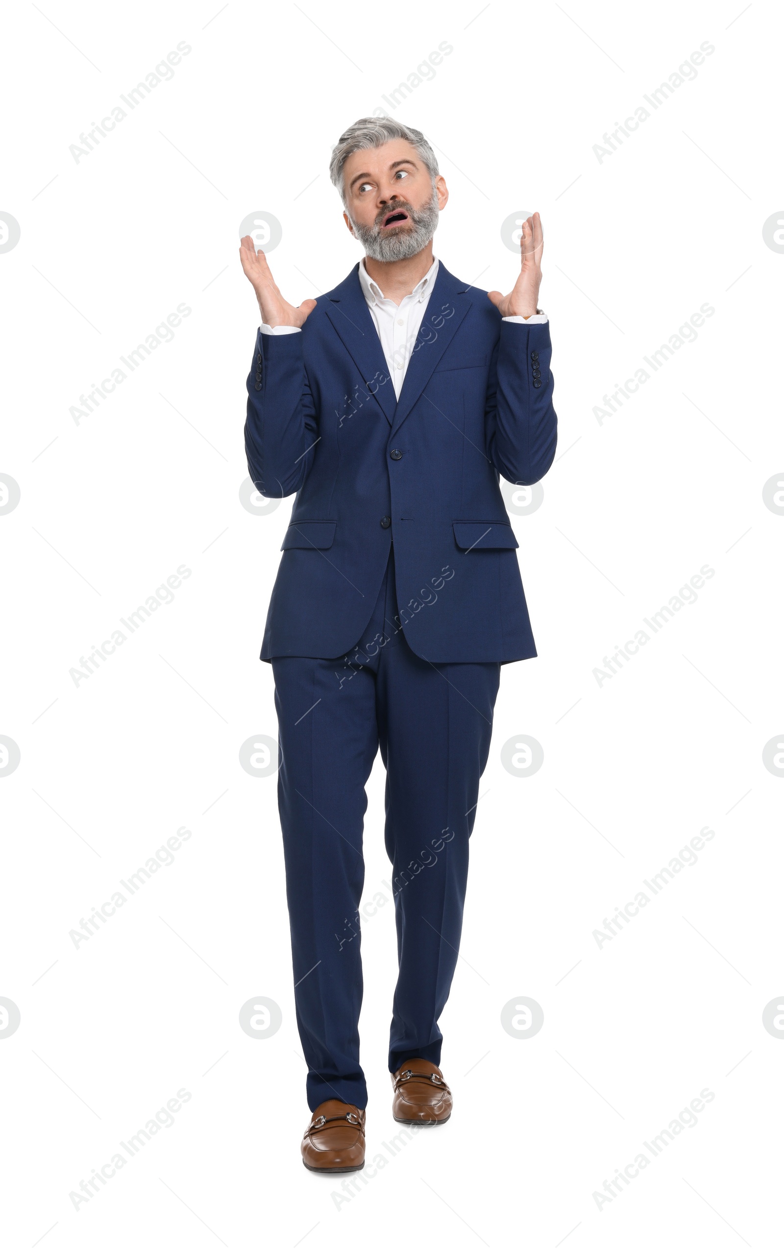 Photo of Mature businessman in stylish clothes posing on white background