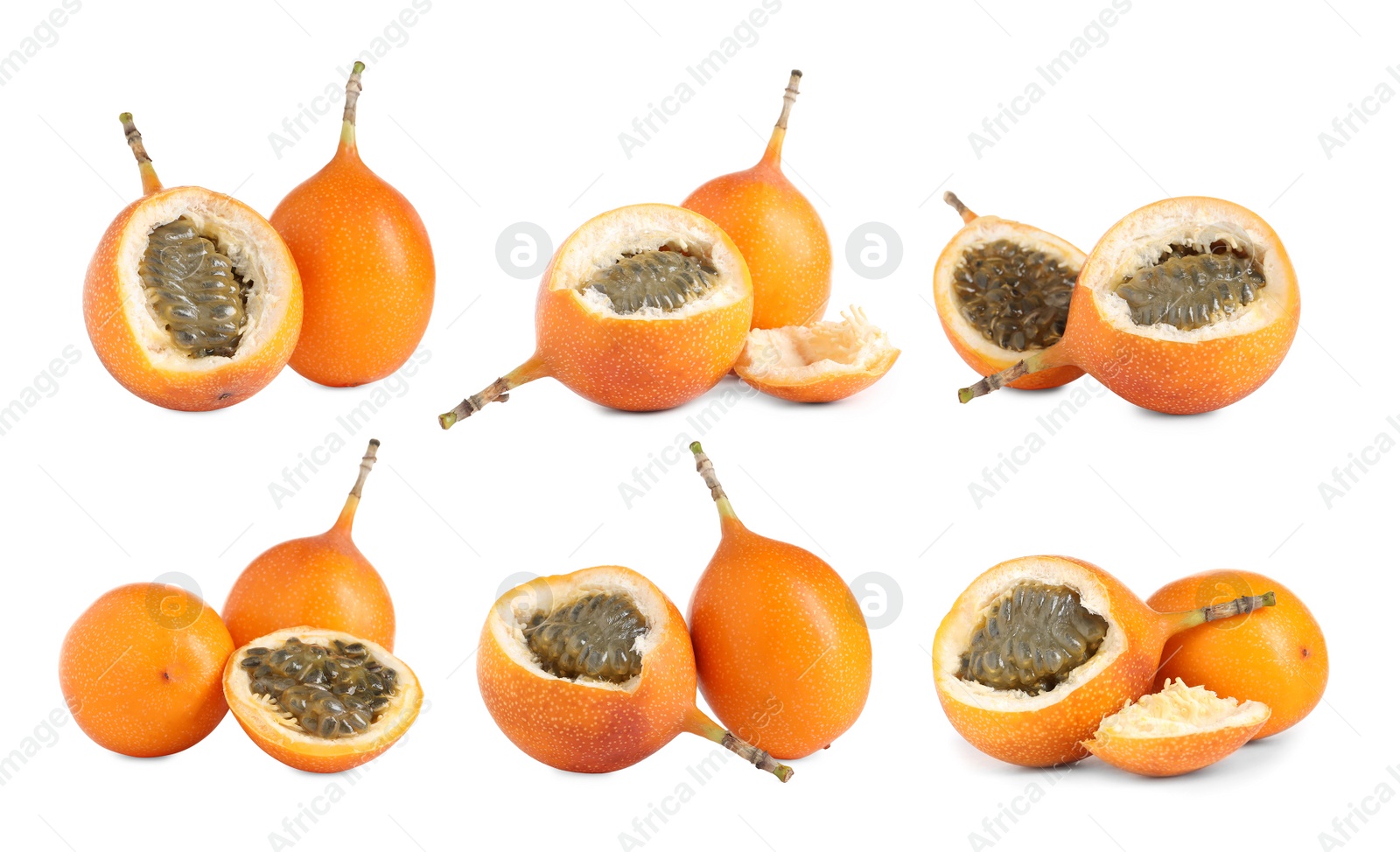 Image of Set with delicious granadillas on white background
