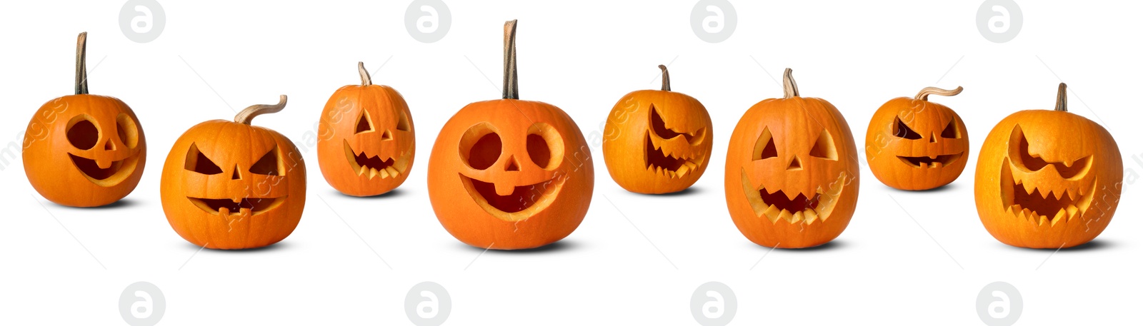 Image of Many pumpkins with carved spooky faces isolated on white, collection. Decoration for Halloween