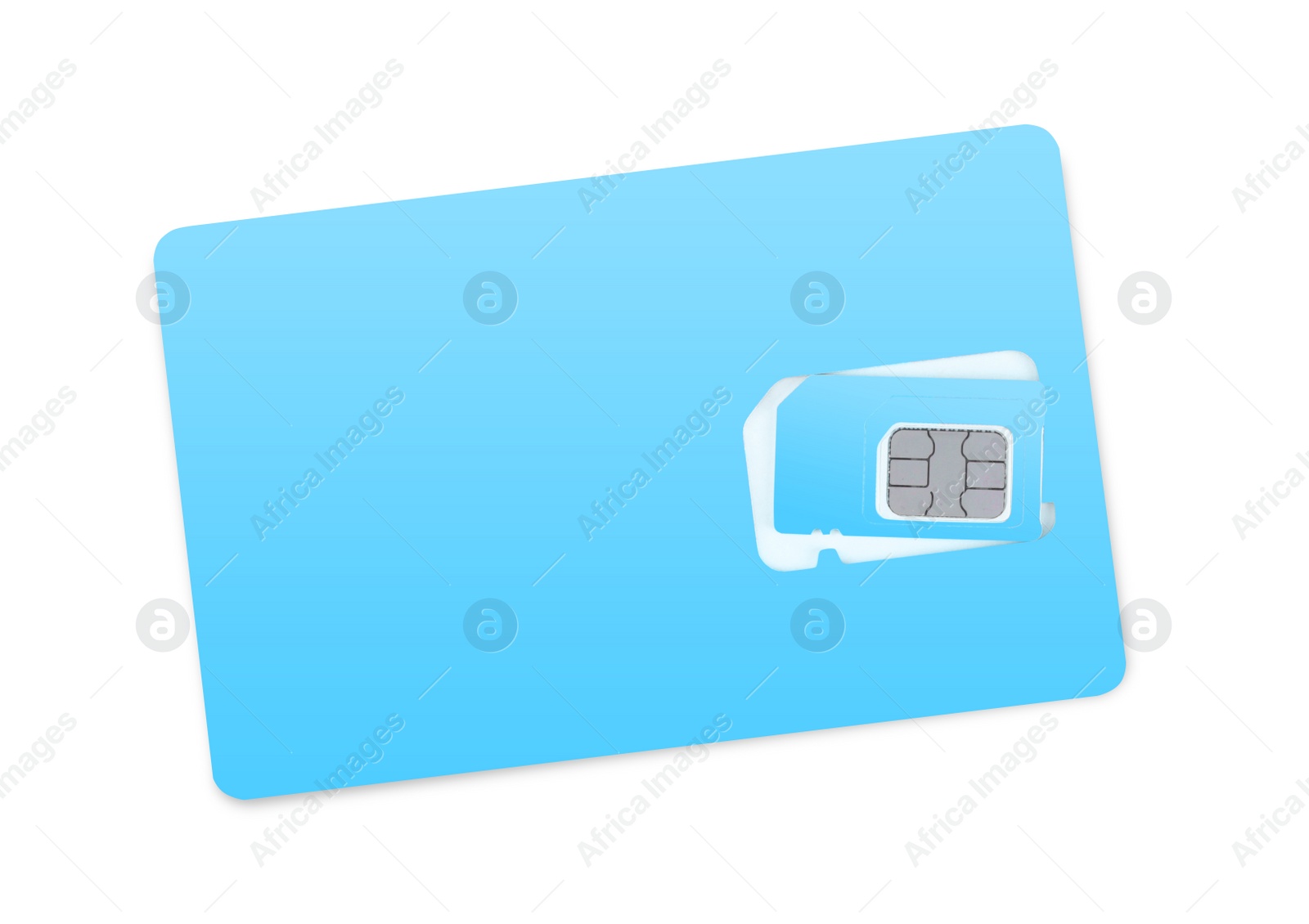 Photo of Light blue SIM card isolated on white, top view