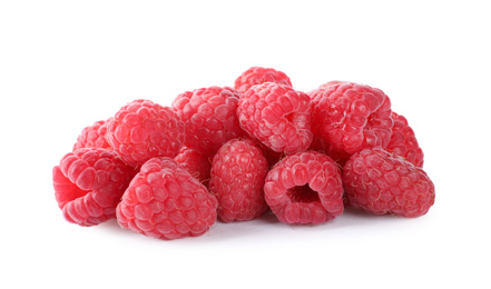 Pile of fresh ripe raspberries isolated on white
