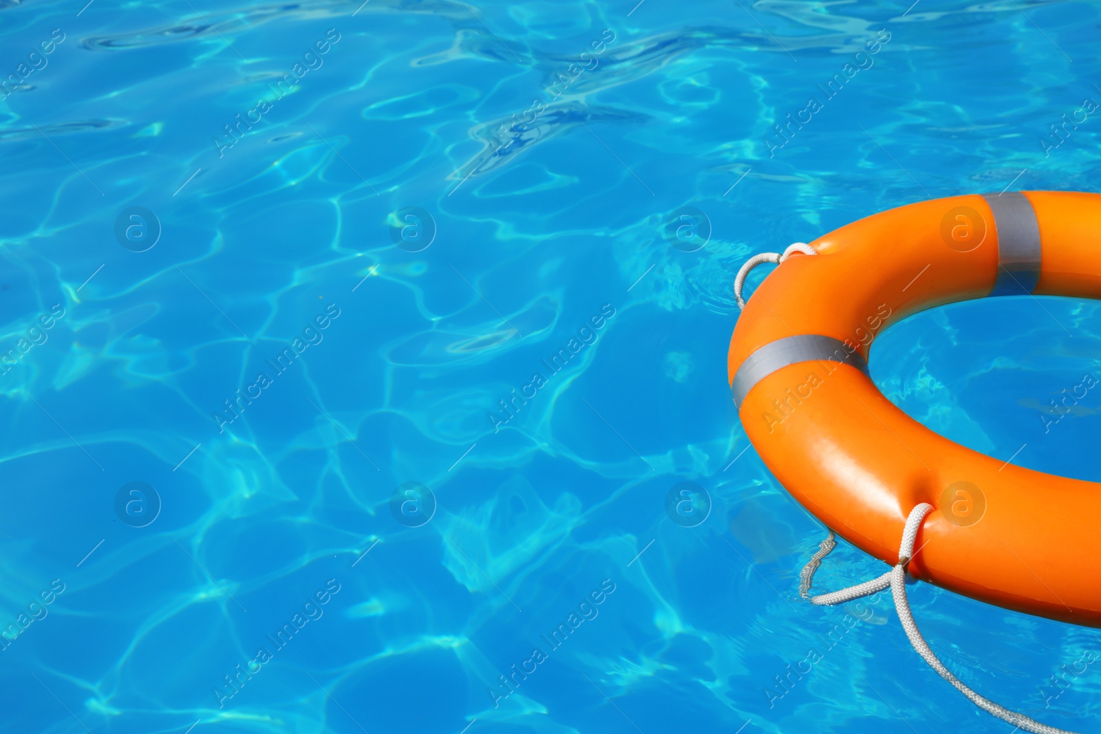 Photo of Lifebuoy floating in swimming pool on sunny day. Space for text