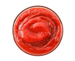 Tasty ketchup in glass bowl isolated on white, top view