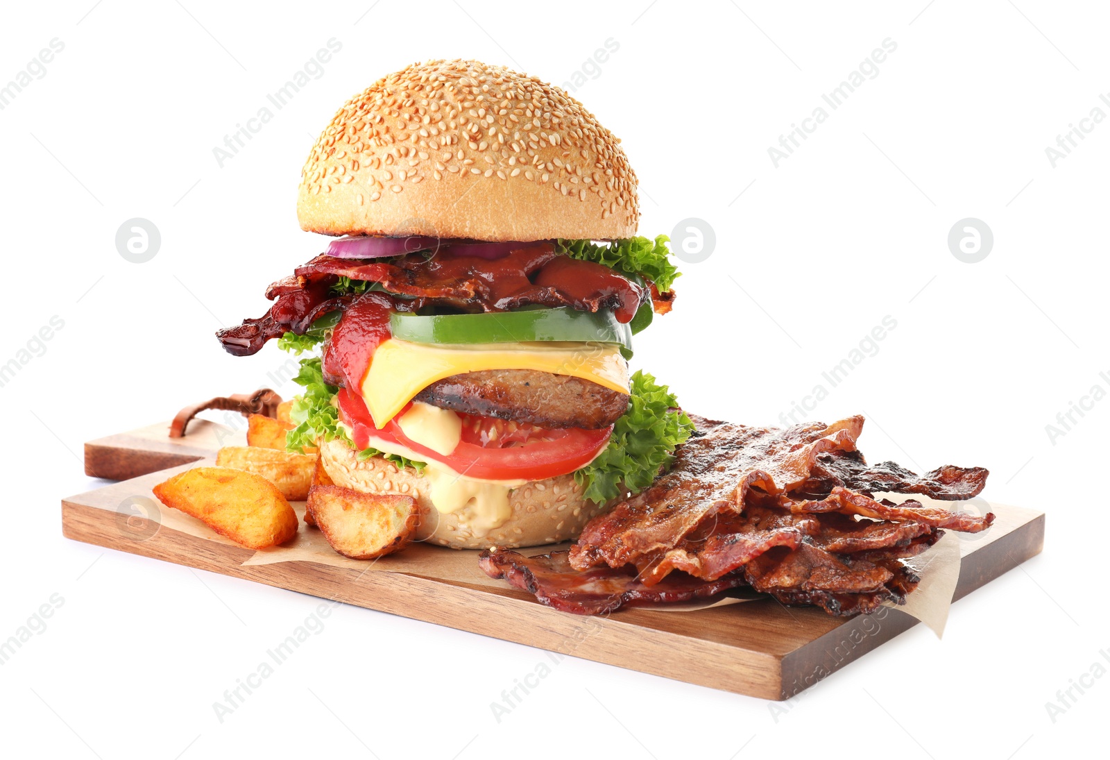 Image of Tasty burger with bacon on white background