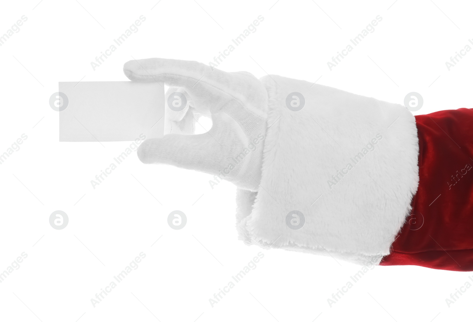 Photo of Santa Claus holding blank card on white background, closeup of hand. Space for text