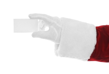 Photo of Santa Claus holding blank card on white background, closeup of hand. Space for text