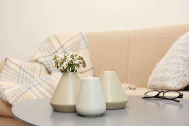 Photo of Beautiful ceramic vases and flowers on table in living room