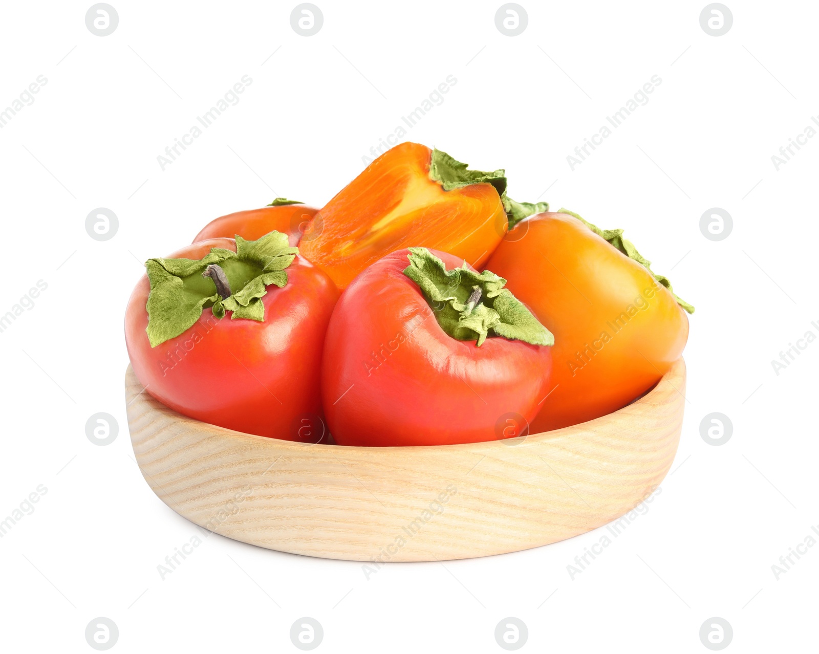 Photo of Plate with delicious fresh persimmons isolated on white