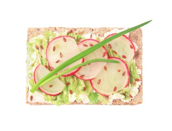 Photo of Fresh crunchy crispbread with cream cheese, radish and green onion on white background, top view
