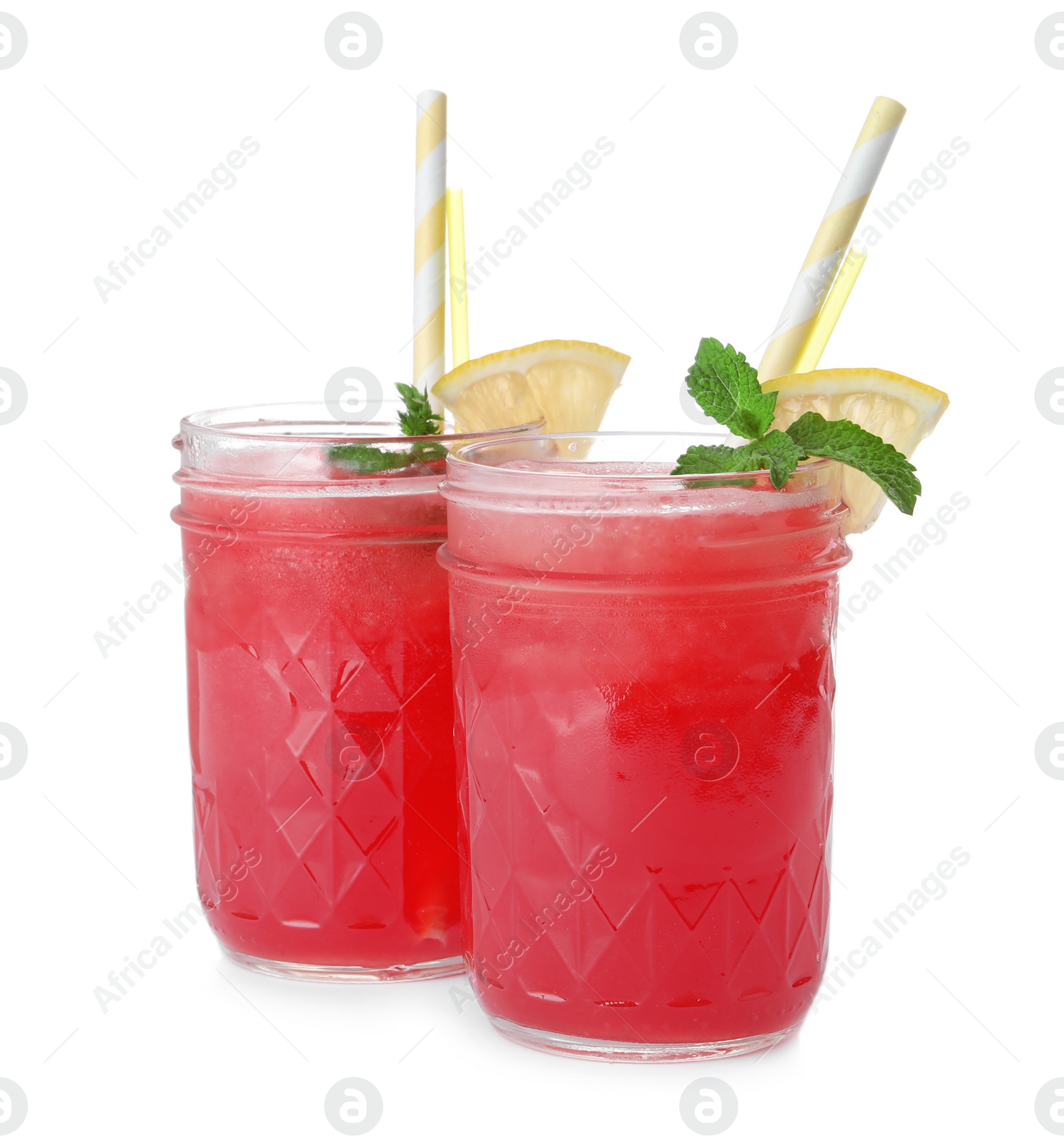 Photo of Delicious fresh watermelon drinks on white background