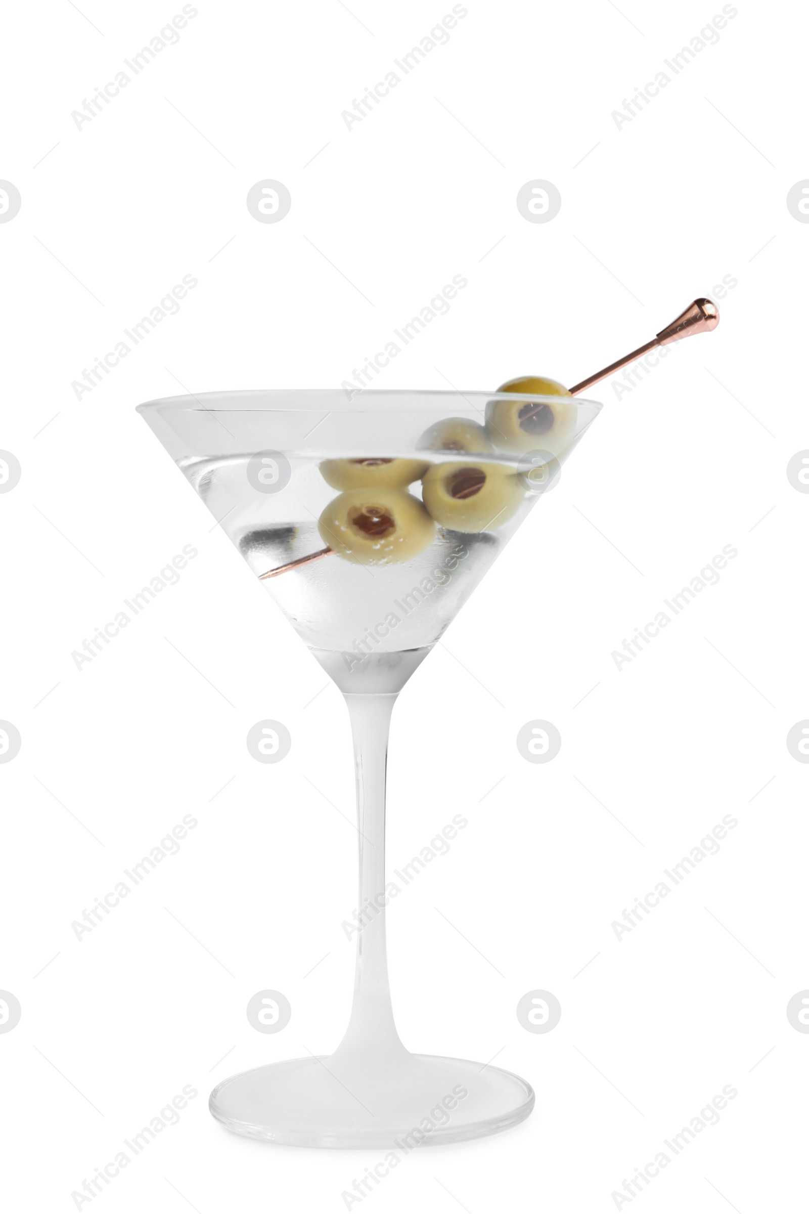 Photo of Martini cocktail with olives on white background