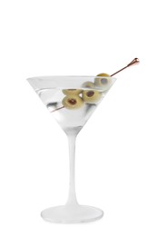 Photo of Martini cocktail with olives on white background