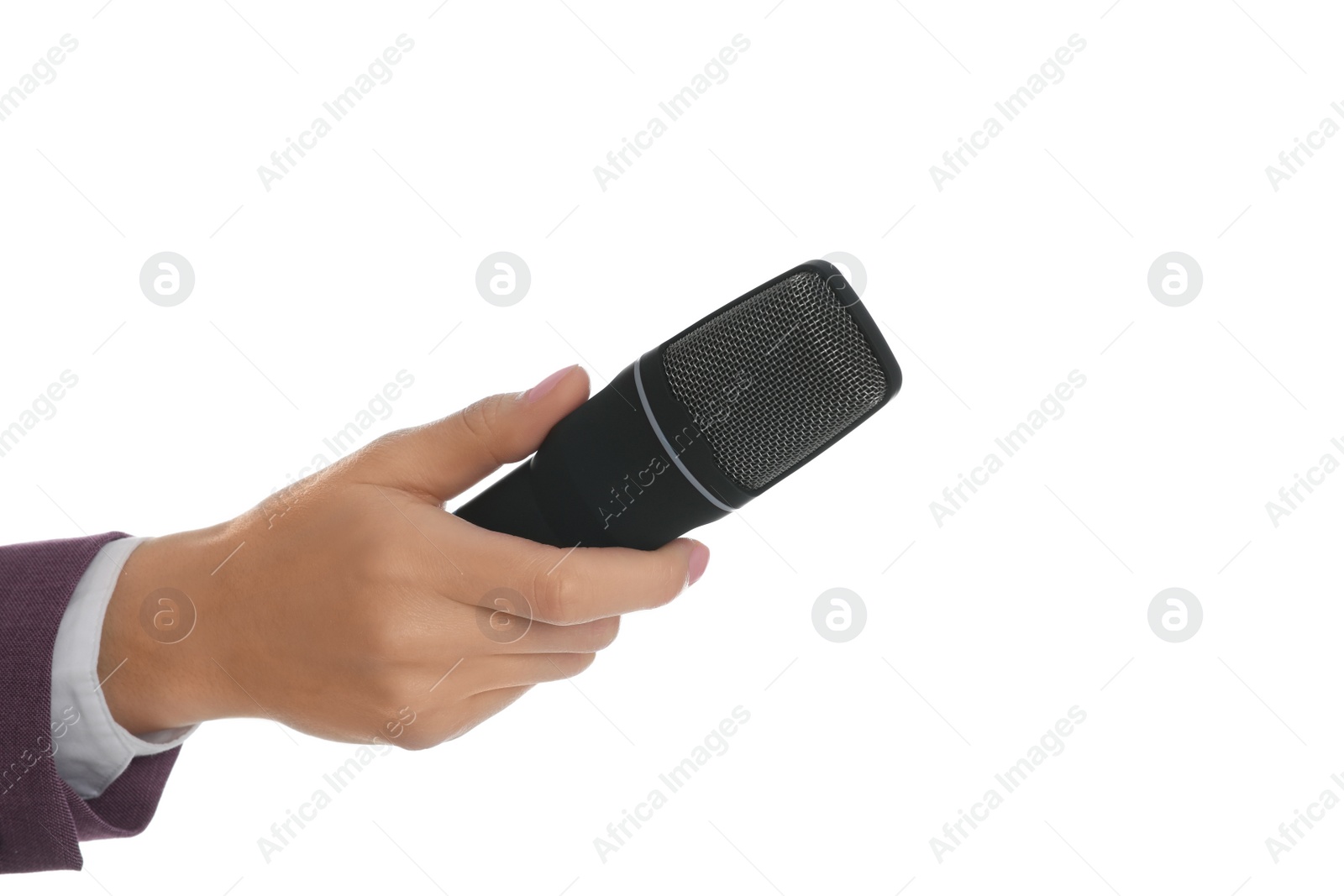 Photo of Professional journalist with microphone on white background, closeup