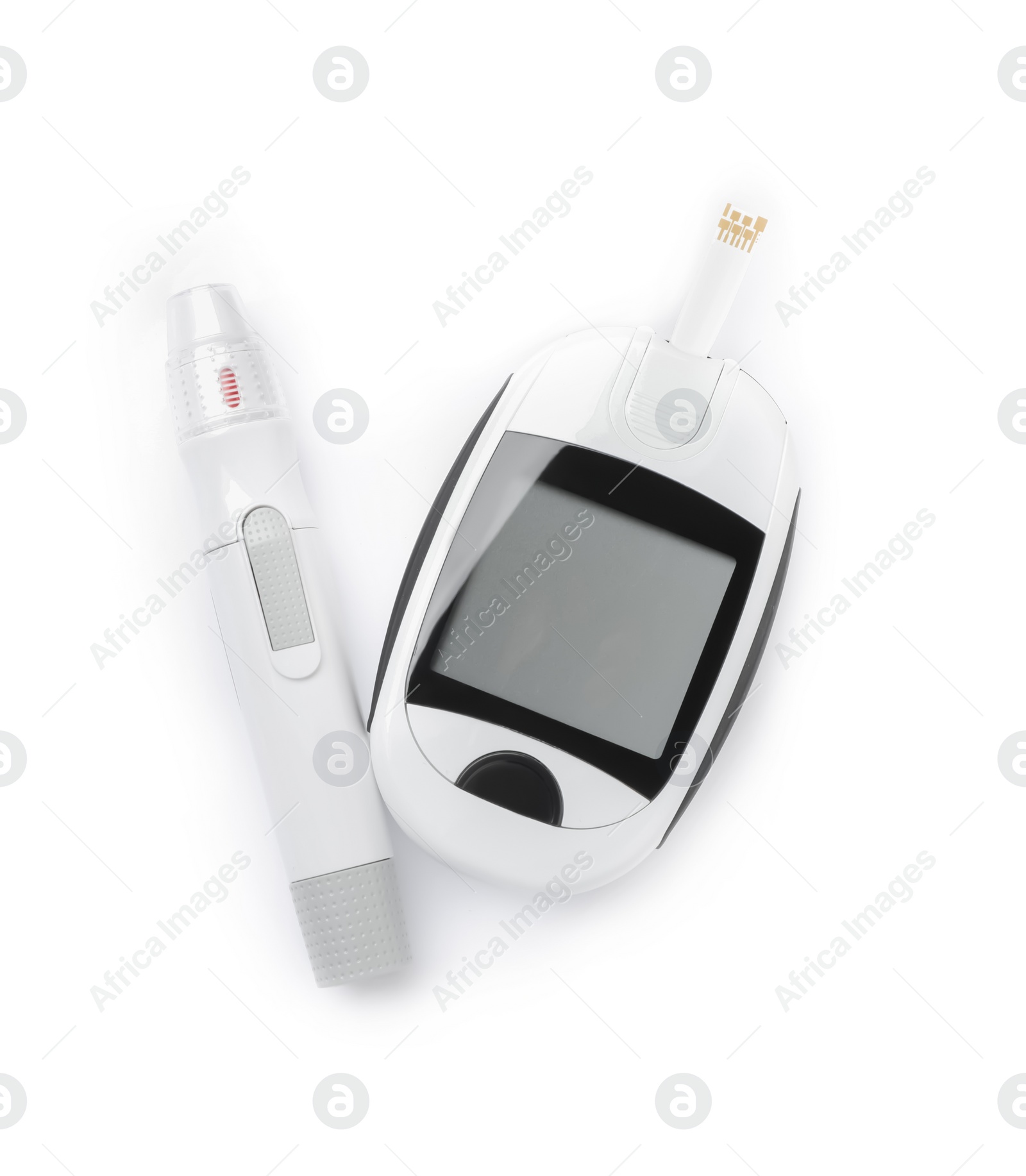 Photo of Modern glucometer with test strip and lancet pen on white background, top view