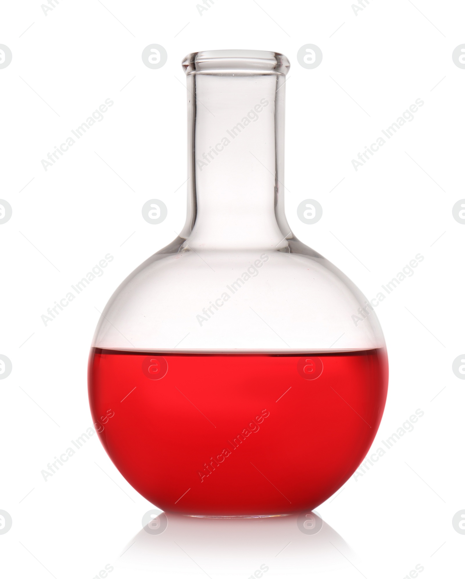 Photo of Florence flask with color liquid isolated on white. Solution chemistry