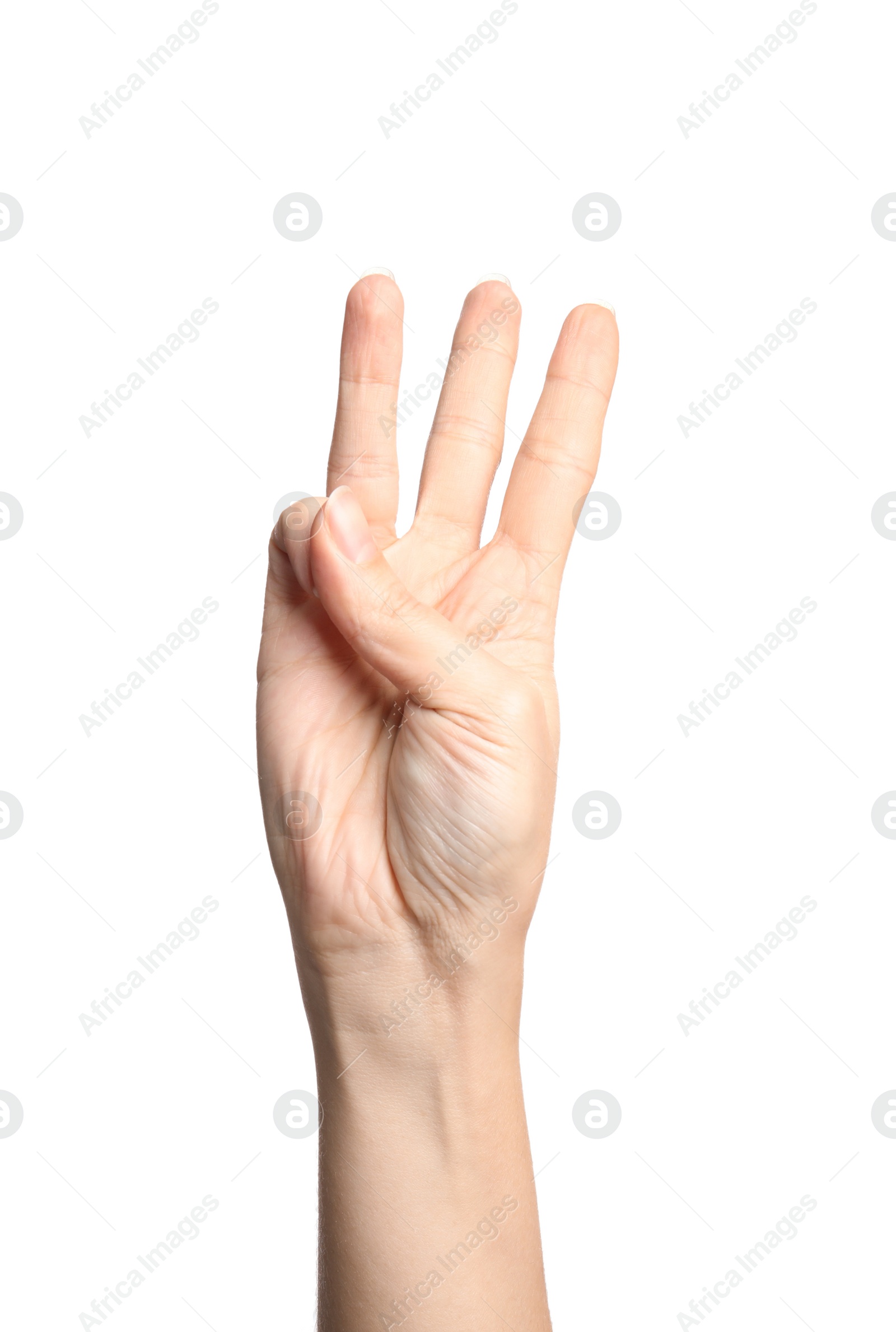 Photo of Woman showing W letter on white background, closeup. Sign language