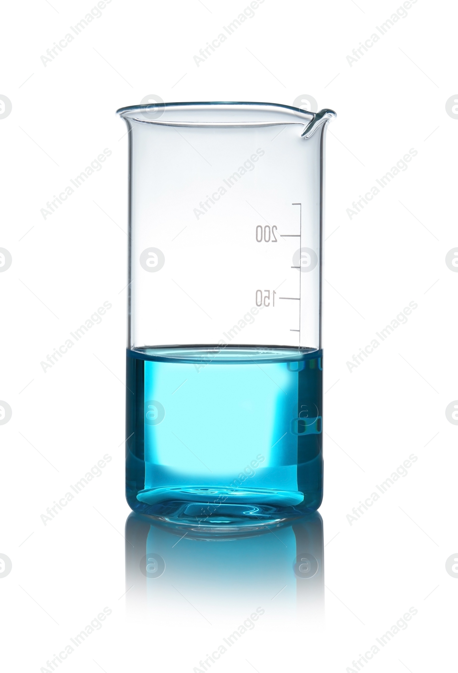 Photo of Beaker with liquid on table against white background. Laboratory analysis