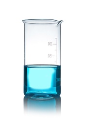 Photo of Beaker with liquid on table against white background. Laboratory analysis