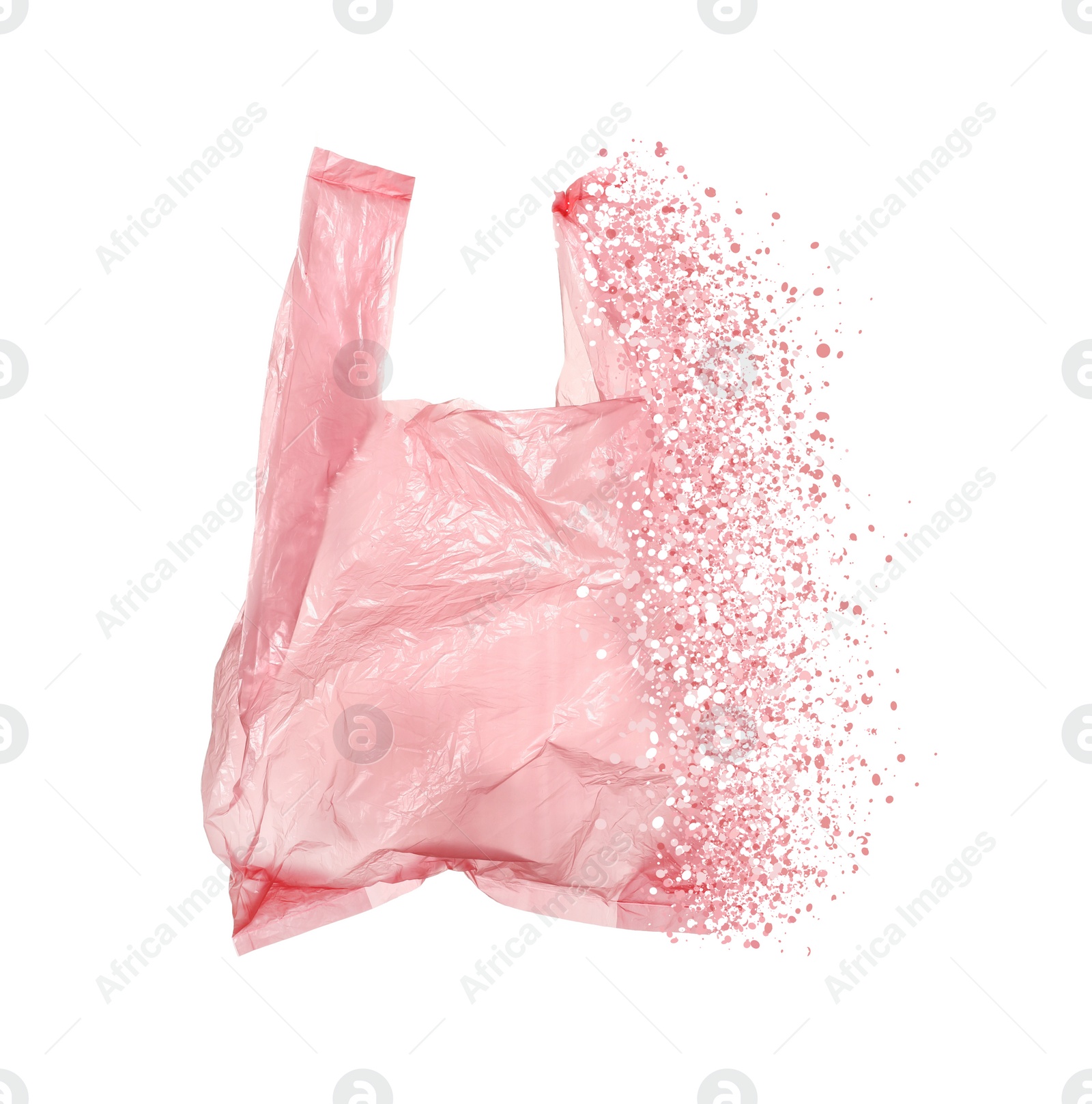 Image of Pink disposable bag vanishing on white background. Plastic decomposition
