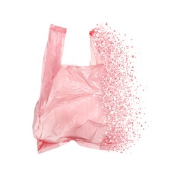 Pink disposable bag vanishing on white background. Plastic decomposition