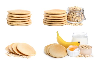 Image of Set with tasty oatmeal pancakes on white background