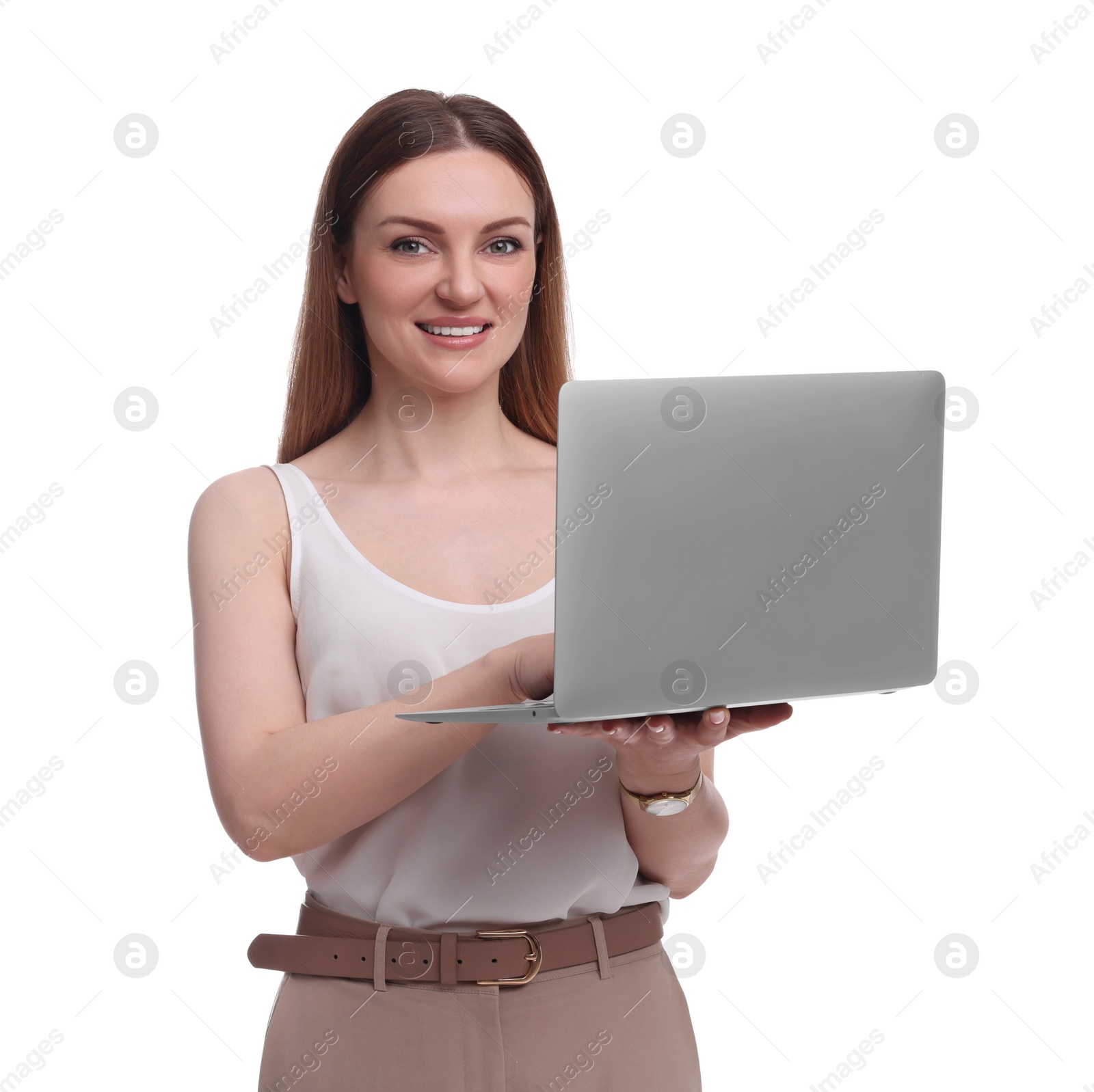 Photo of Beautiful businesswoman using laptop on white background