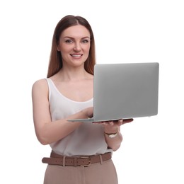 Beautiful businesswoman using laptop on white background