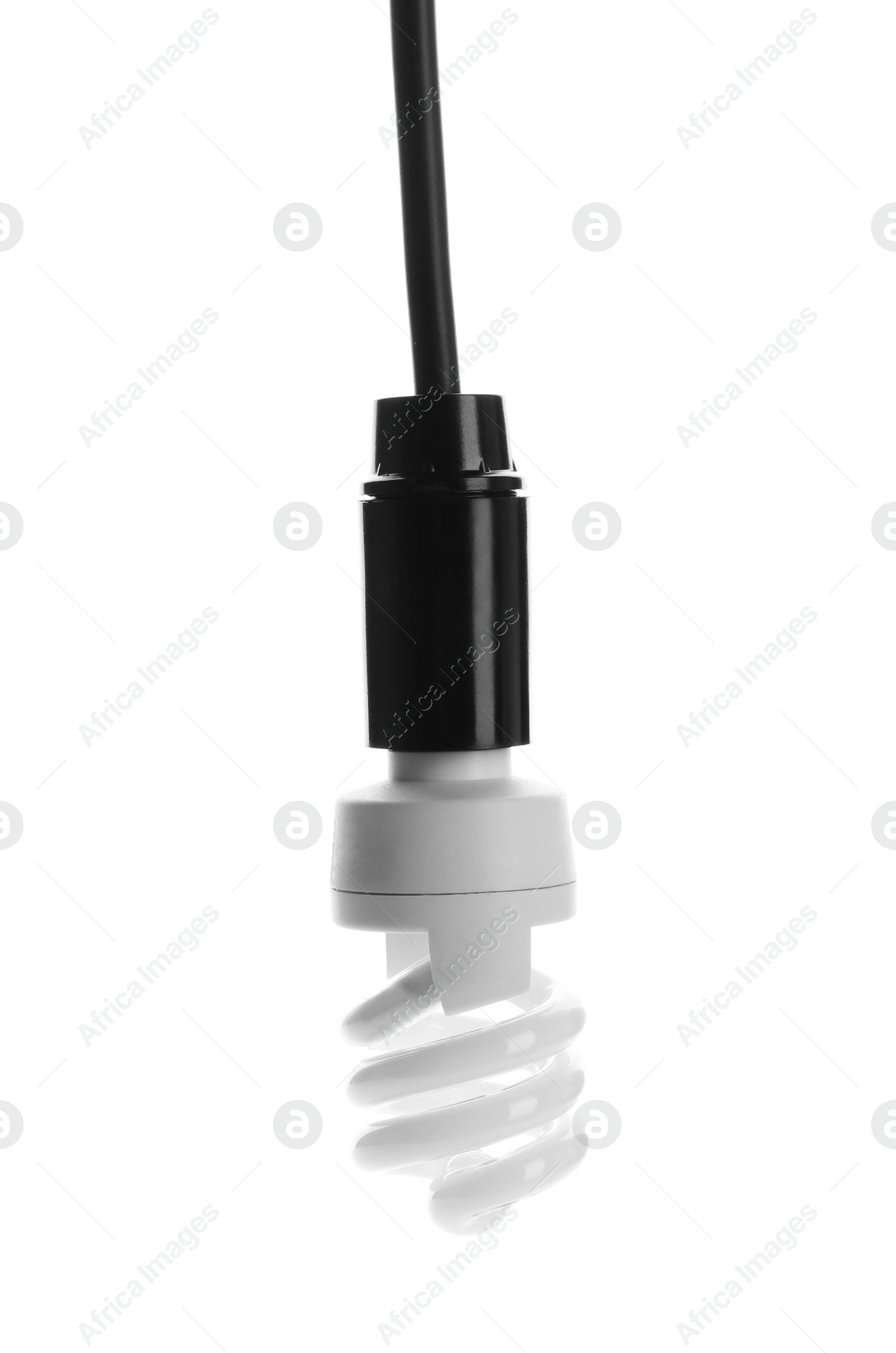 Photo of Hanging fluorescent light bulb on white background. Modern lamp