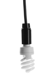 Photo of Hanging fluorescent light bulb on white background. Modern lamp