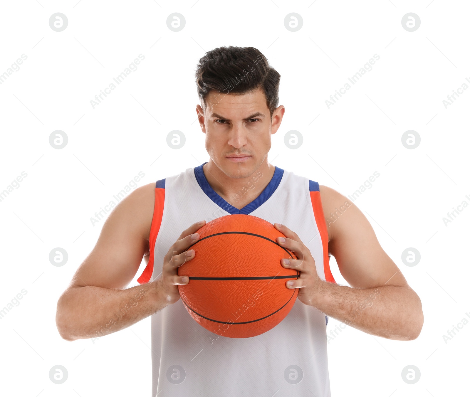 Photo of Basketball player with ball on white background