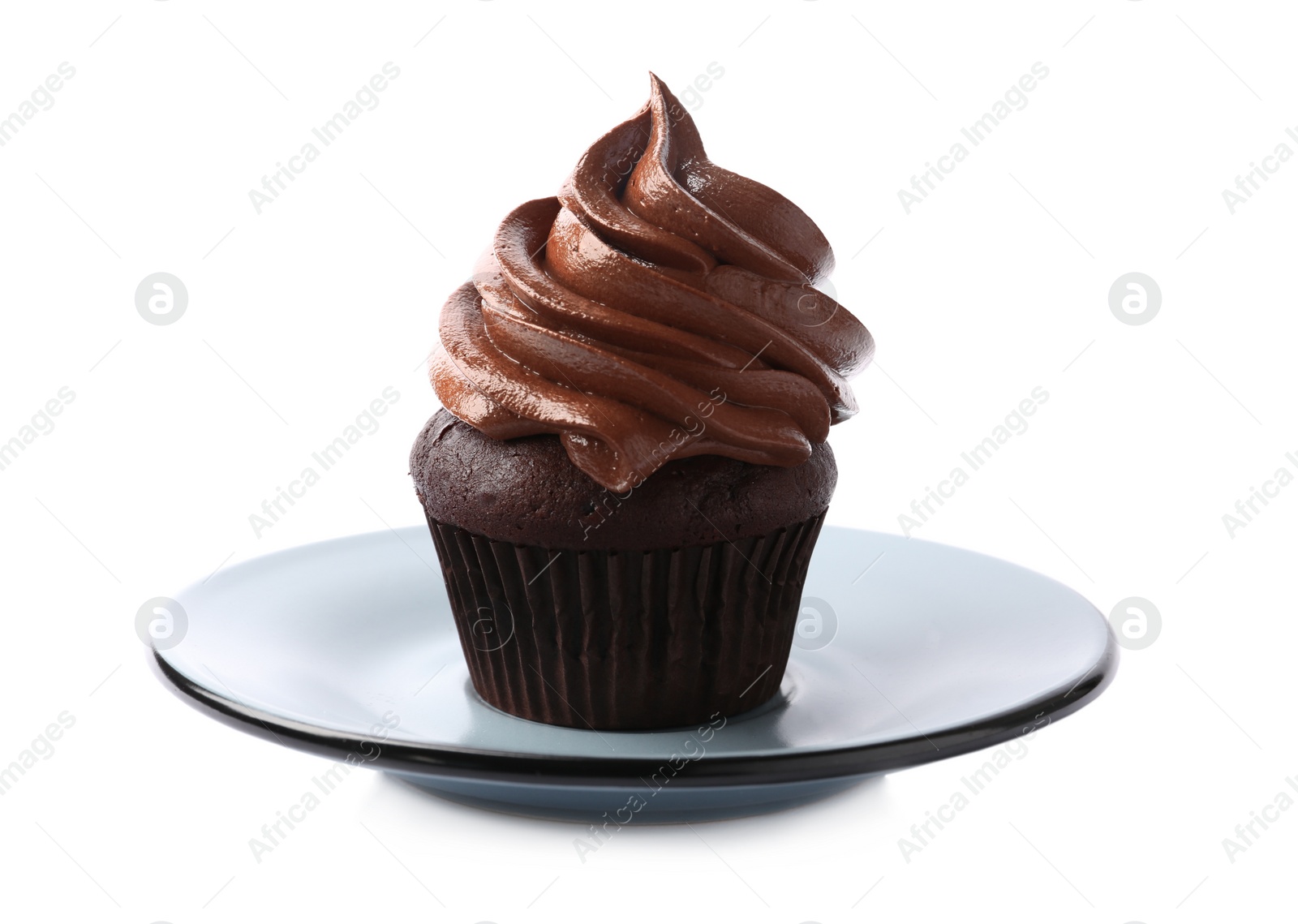 Photo of Plate with delicious chocolate cupcake isolated on white