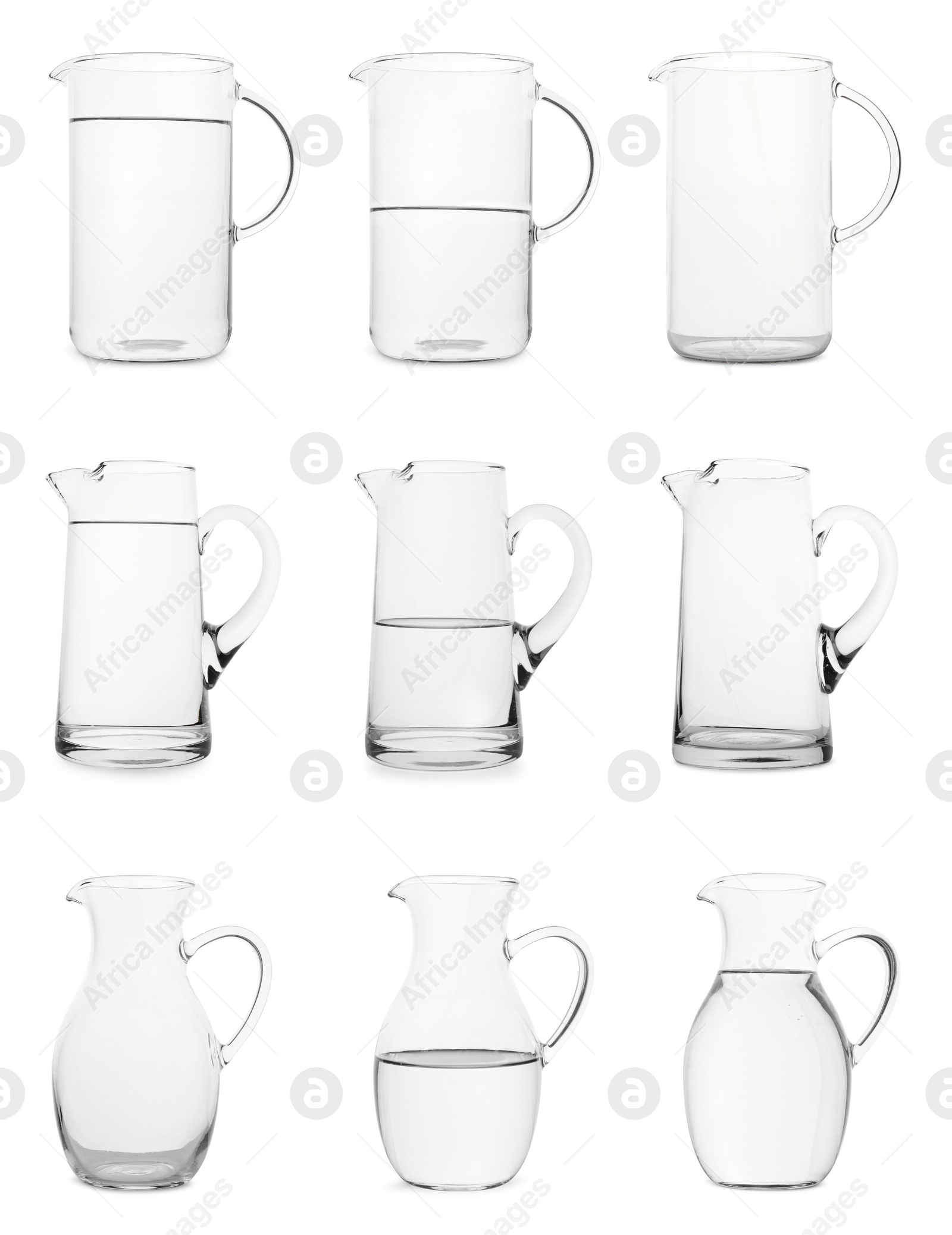 Image of Glass jugs isolated on white, collage with empty, semi filled and full